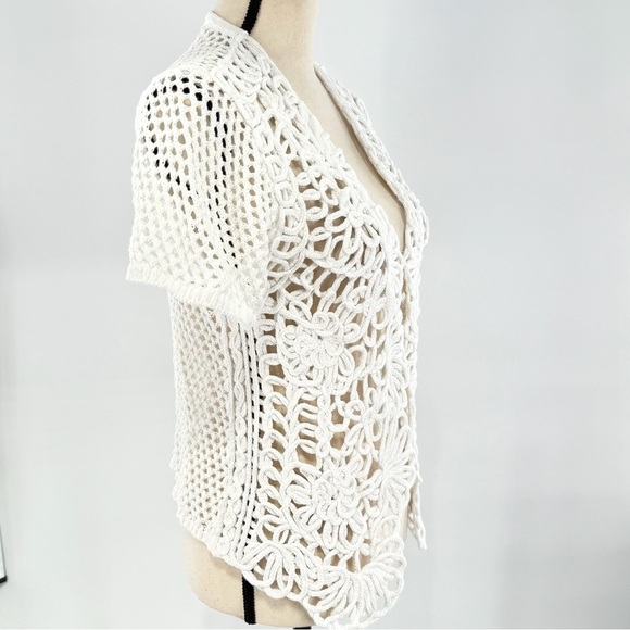 White Open Knit Crochet Cardigan Short Sleeve Boho Festival Top M - Picture 7 of 10